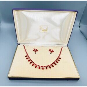B David Vintage Red Rhinestone Faux Pearl Necklace Earrings Set Original Box